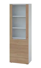 LE - 64 skříň léková prosklená, levá, korpus bílý, dvířka dub bardolino